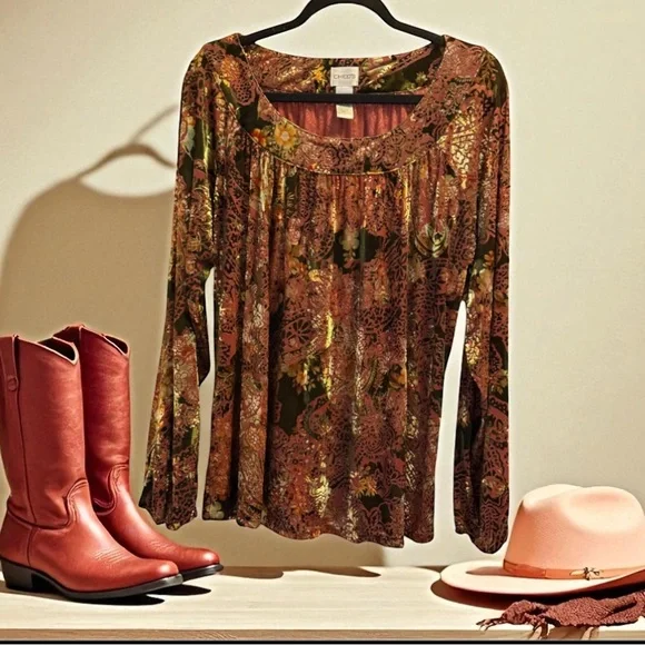 Chico’s-Fall Colors/Velvet Floral Long Sleeve Top. 🎃 🍂🍁 - Picture 4 of 7